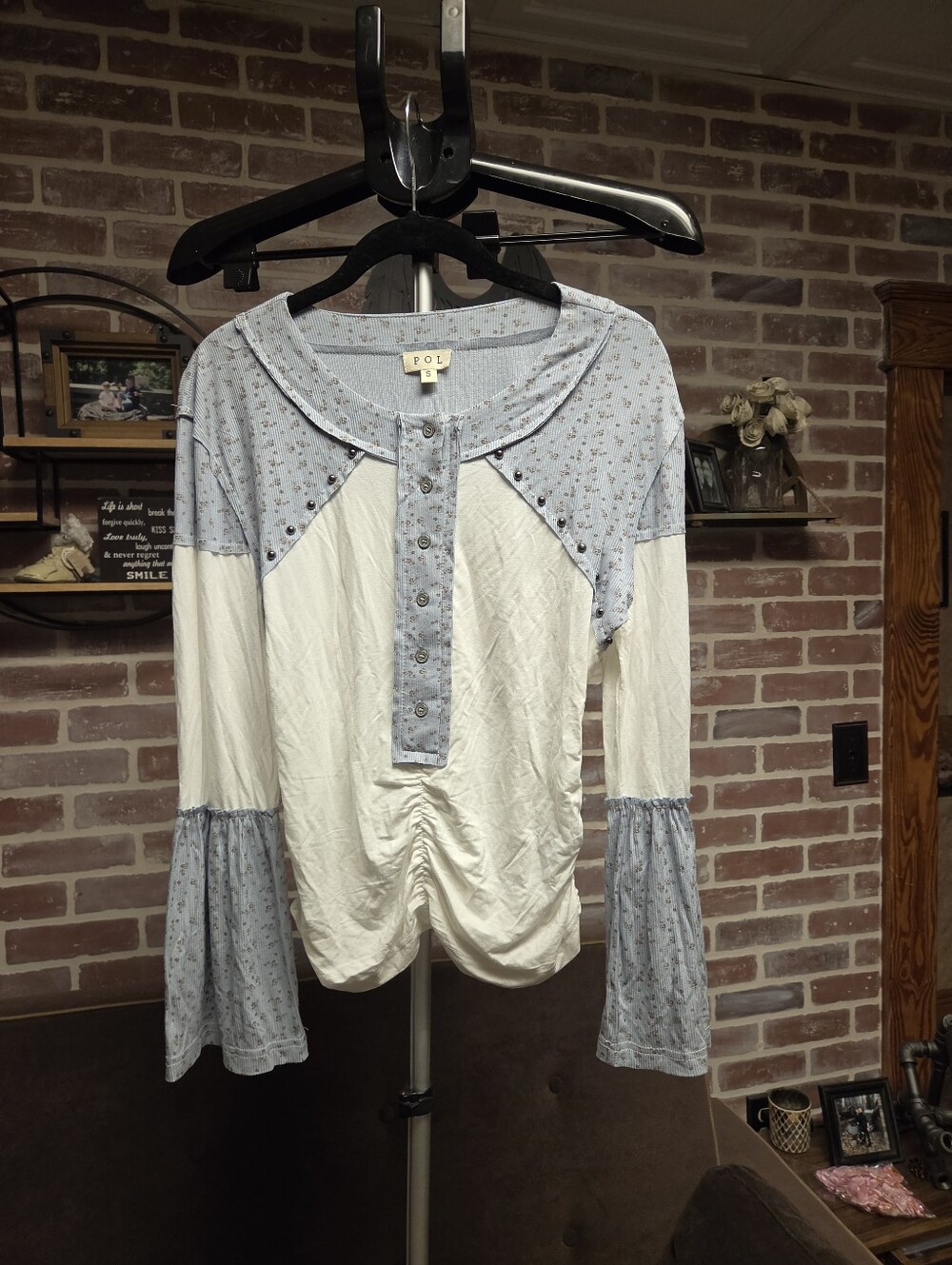 POL Light Blue & White Mixed-Media Buttoned Blouse